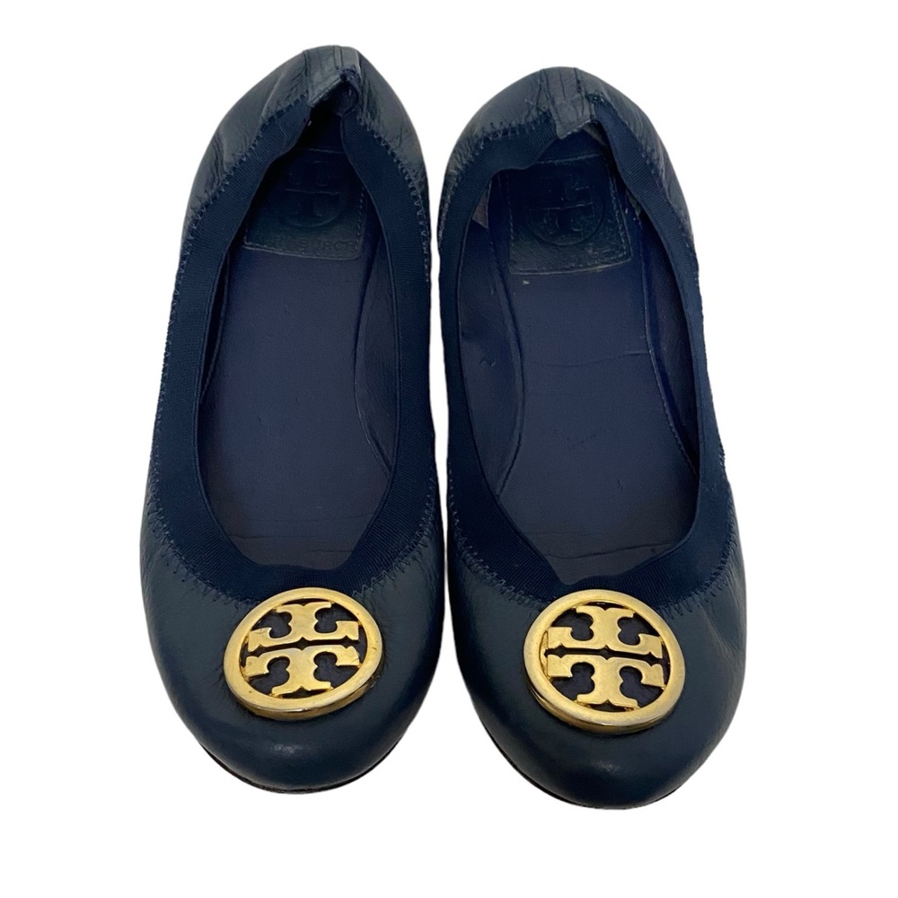 Tory Burch Navy Leather Ballet Flats with Gold Logo Medallion